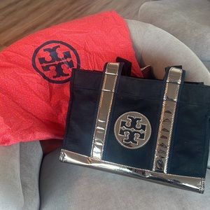 Tory Burch Black/Gold Wool Ella Tote